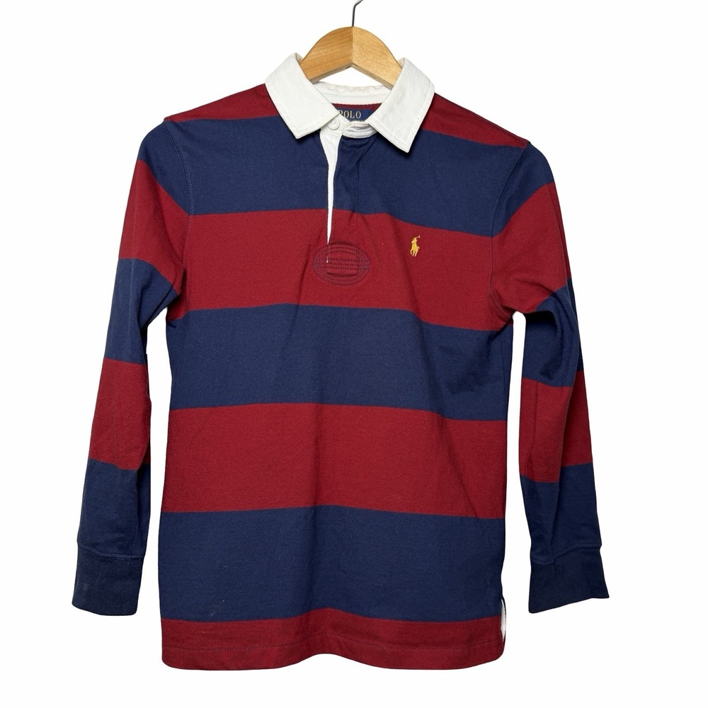 Polo Ralph Lauren Boys M 10-12 Iconic Rugby Shirt Red Navy Stripe Preppy Pony
